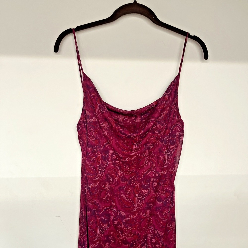 Vintage Y2K Fuchsia Paisley Slip Dress Maxi Dress Cowl Neck Bias Cut USA 11/12 - Picture 4 of 12